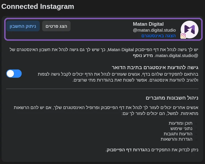 כך נראה כשחשבון ה-Instagram מחובר לדף